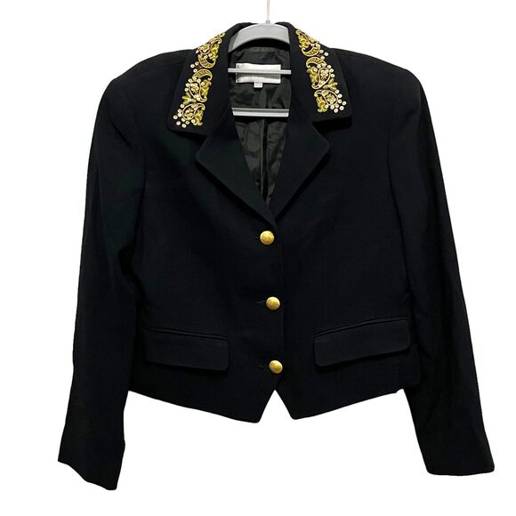 Liz Claiborne Jacket Blazer Women Evening Black Petite 6 Gold Embellished Collar - Picture 1 of 15